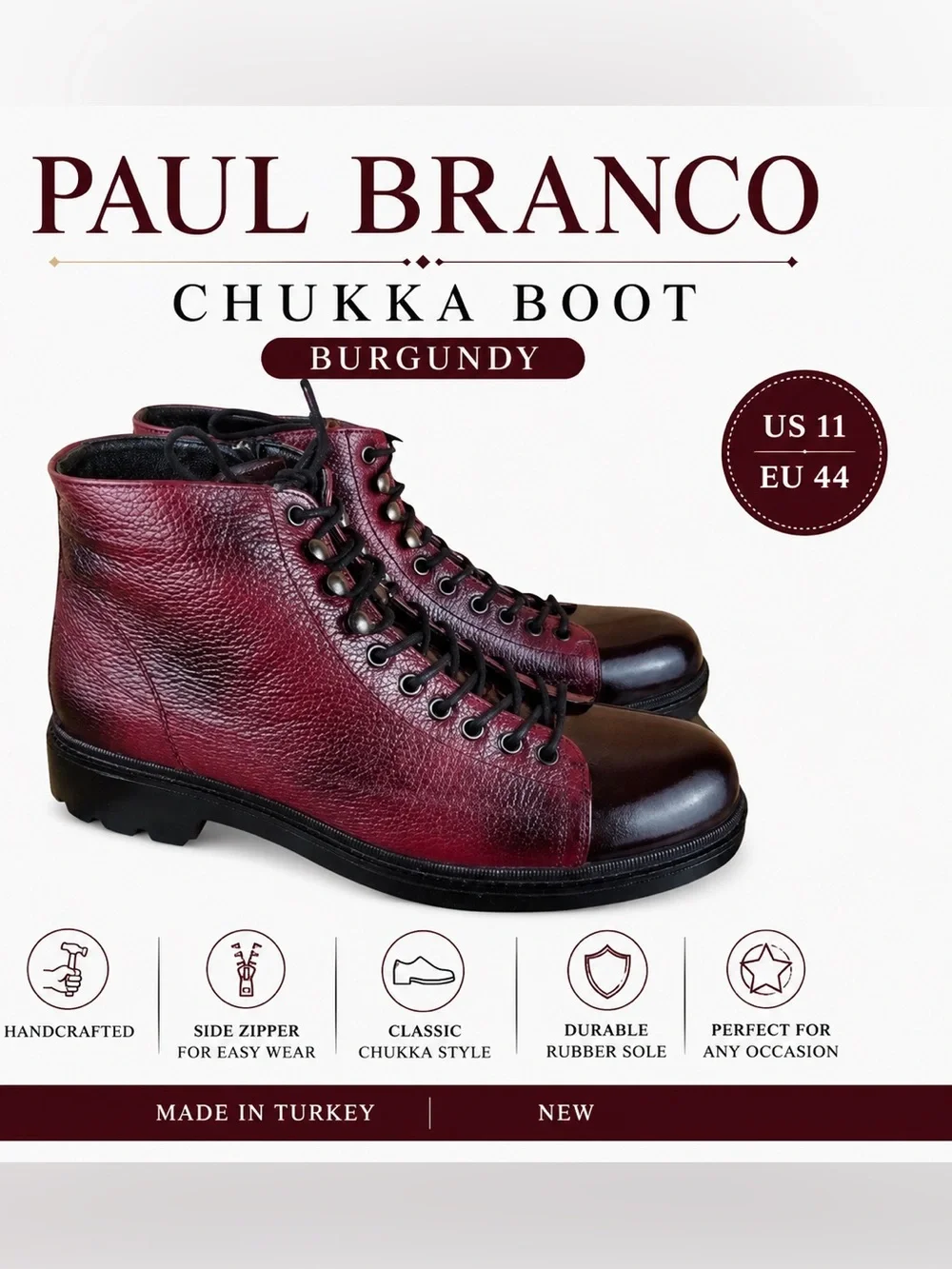 Paul Branco Men’s Casual Chukka Boot Burgundy Size US 11 EU 44 Medium New